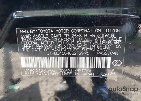 2008 Lexus Es 350 z USA, uszkodzony, nr VIN JTHBJ46G482212996